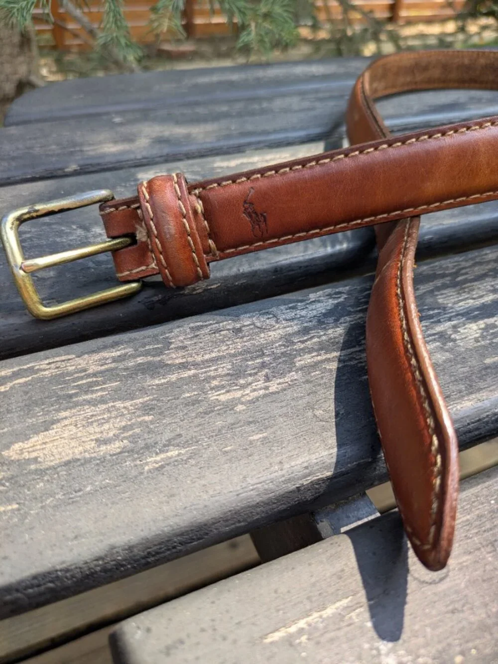 Vintage Polo Ralph Lauren Brown Leather Belt Debossed Pony Logo Brass.